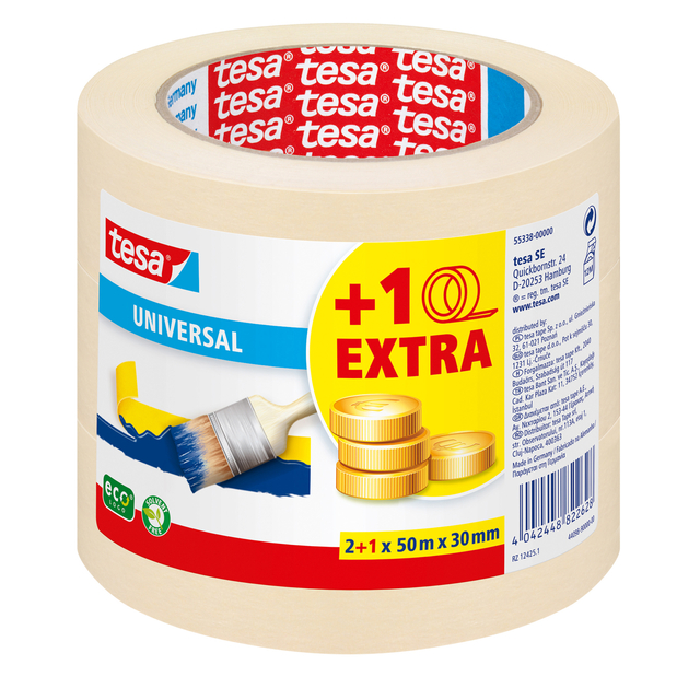 Afplaktape tesa® Economy 50mx30mm geel 2+1