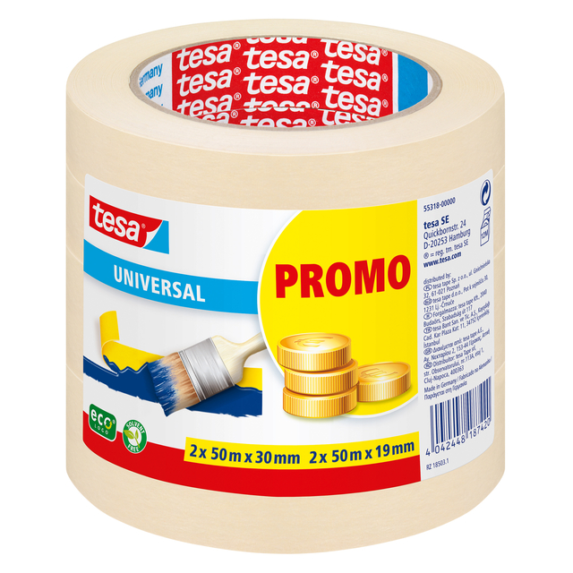 Afplaktape tesa® Economy 2x 50mx30mm, 2x 50mx19mm promopack
