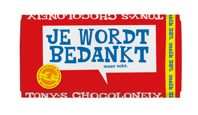 Chocolade Tony's Chocolonely melk bedankt reep 180gr