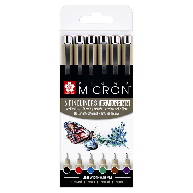 Fineliner Sakura Pigma Micron 05 basic set 6 kleuren