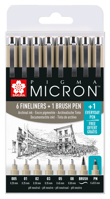 Fineliner Sakura Pigma Micron set 6 largeurs + feutre pinceau PN gratuit