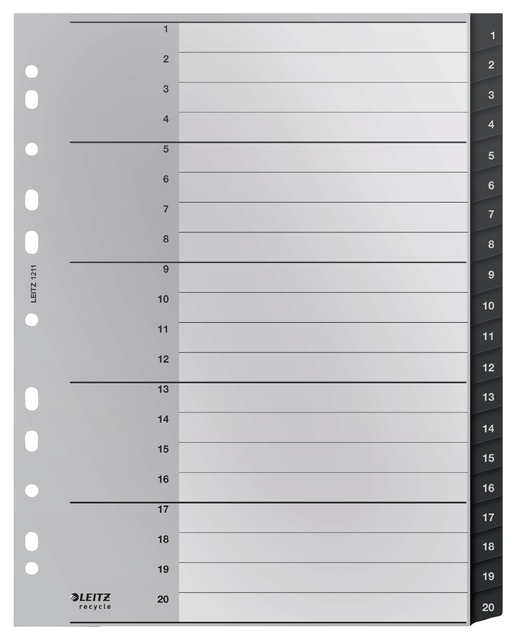 Intercalaires Leitz Recycle A4 11 trous 1-20 Extra Large PP