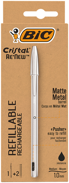 Balpen Bic Cristal Re-new medium zilver + 2 vullingen zwart