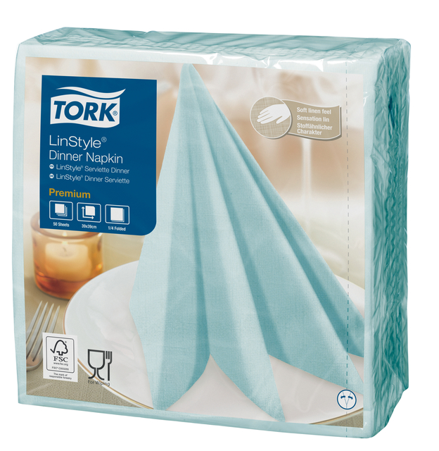 Dinnerservetten Tork LinStyle® 1/4-vouw 1-laags 50 stuks aquablauw 478880