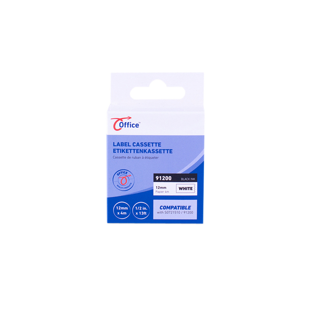Labeltape office paper zwart wit 12mm x 4m