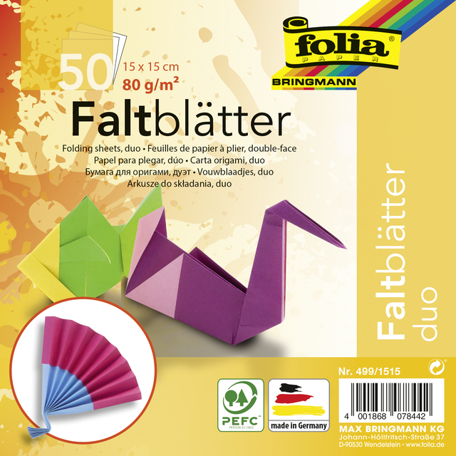 Papier à plier Folia double-face 80g 15x15cm 50 feuilles 10 couleurs duo