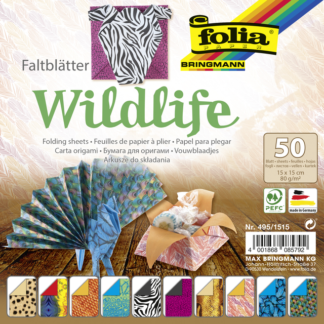 Papier à plier Folia double-face 80g 15x15cm 50 feuilles 10 design Wildlife