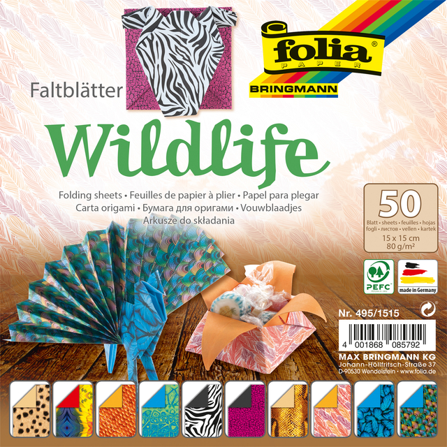 Vouwblaadjes Folia 80gr 15x15cm 50 vel 2-zijdig 10 wildlife designs