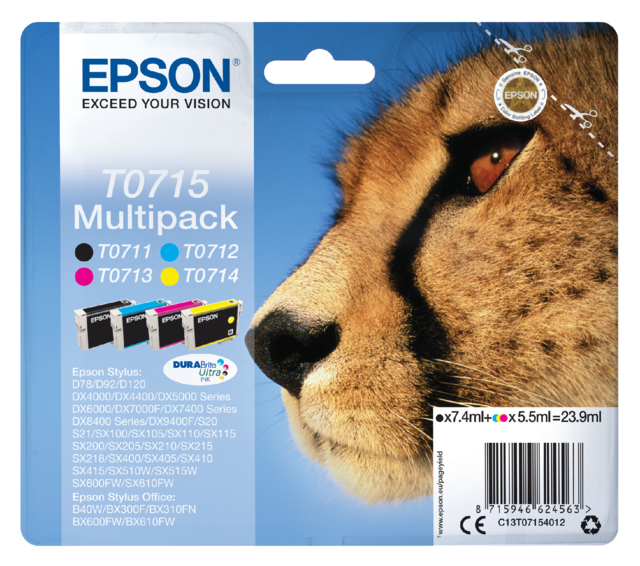 Inktcartridge Epson T0715 zwart + 3 kleuren