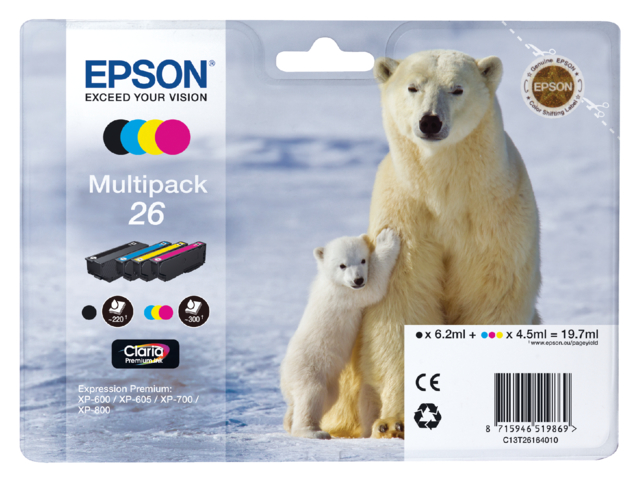 Inktcartridge Epson 26 T2616 zwart + 3 kleuren