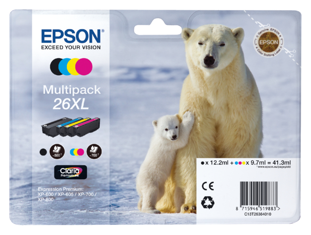 Inktcartridge Epson 26XL T2636 zwart + 3 kleuren