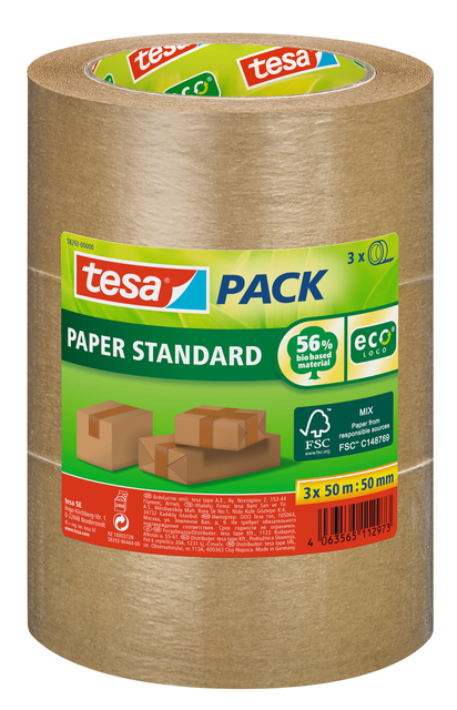 Ruban d''emballage tesapack® Paper ecoLogo 50mx50mm brun lot 3 rouleaux