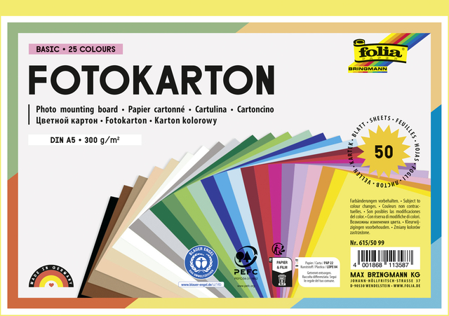Carton photo Folia A5 300g 50 feuilles assorti