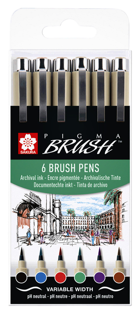 Brushpen Sakura Pigma Brush set á 6 stuks zwart