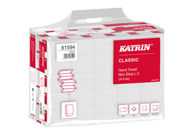 Handdoek Katrin w-vouw 2-laags 203x320mm 25x120vel wit 61594