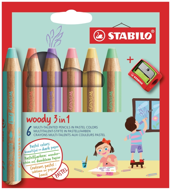 Crayon STABILO 880 Woody set 6 couleurs pastel avec taille-crayon