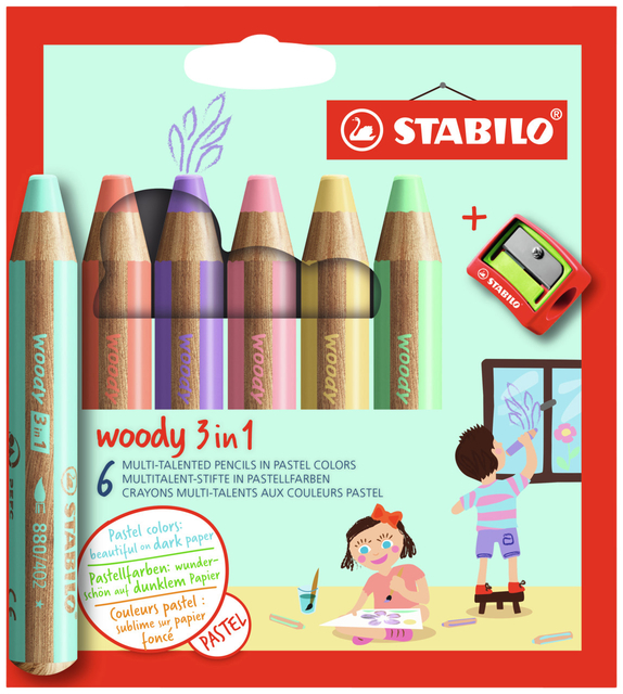 Kleurpotloden STABILO 880 woody inclusief puntenslijper pastel assorti etui à 6 stuks