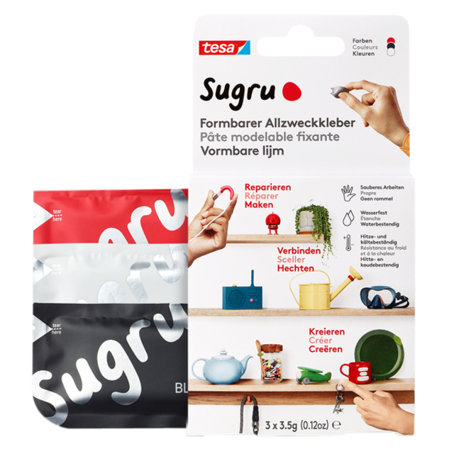 Pâte modelable fixante Sugru by tesa® 3 paquets noir/blanc/rouge