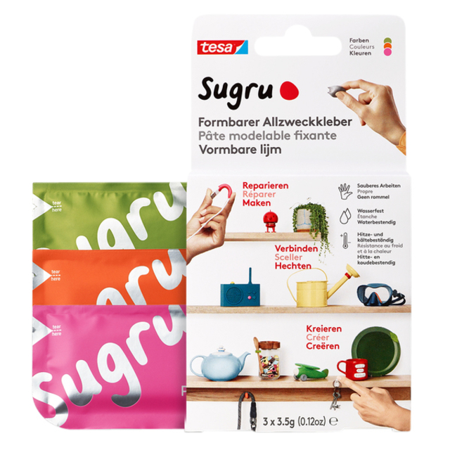 Kneedbare hobbylijm Sugru by tesa® sterke alleslijm 3 pakken roze oranje groen