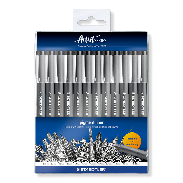 Fineliner Staedtler Pigment 308 noir set 12 largeurs de trait