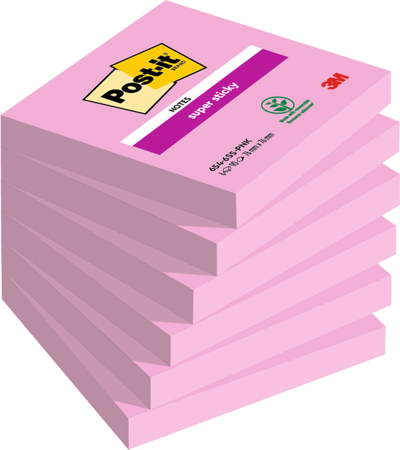 Bloc-mémos Post-it 654 Super Sticky 76x76mm rose 90 feuilles