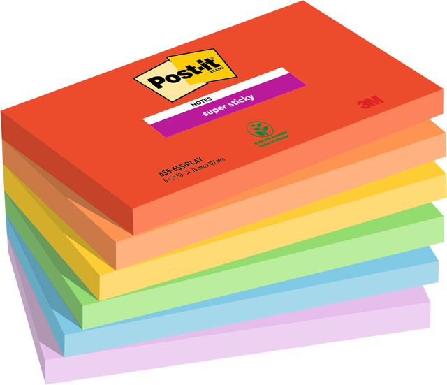 Bloc-mémos Post-it 655 Super Sticky 76x127mm Playful 6 pièces