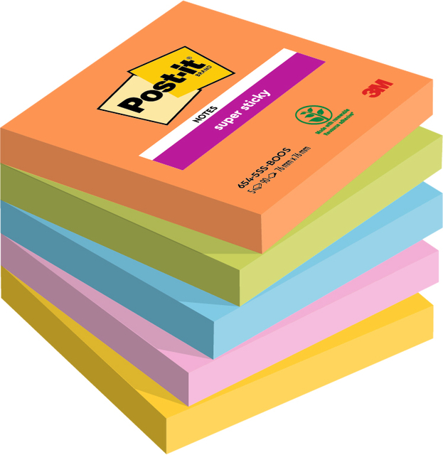 Bloc mémos Post-it 654 Super Sticky 76x76mm Boost 5 pièces