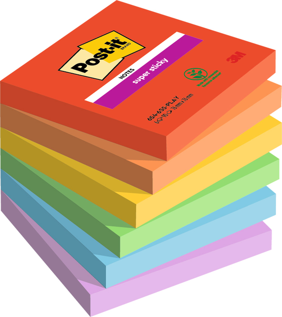 Memoblok Post-it 654 Super Sticky 76x76mm Playful 6 stuks