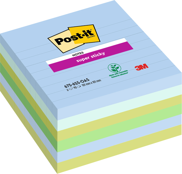 Bloc-mémos Post-it 675-6 Super Sticky 101x101mm Oasis 6 pièces