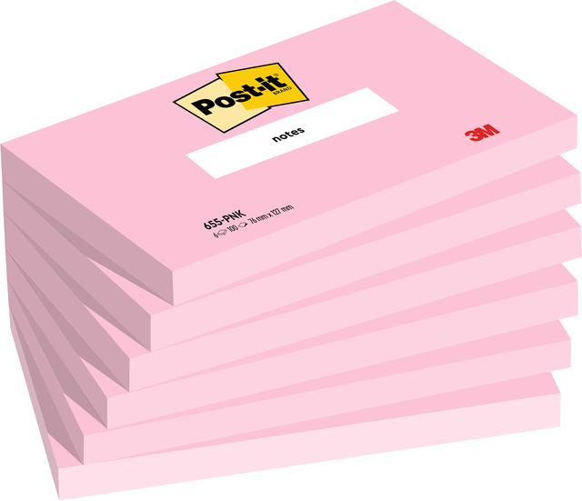 Bloc-mémos Post-it 655 76x127mm ligné rose 6 pièces