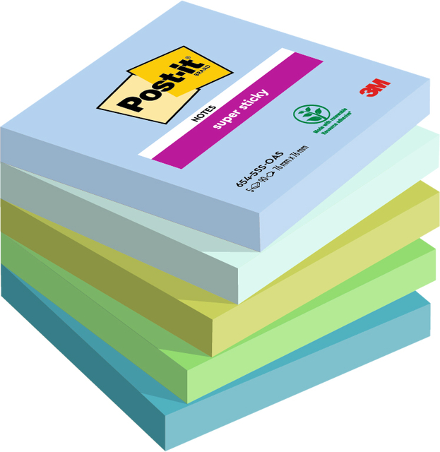 Bloc-mémos Post-it 654 Super Sticky 76x76mm Oasis 5 pièces