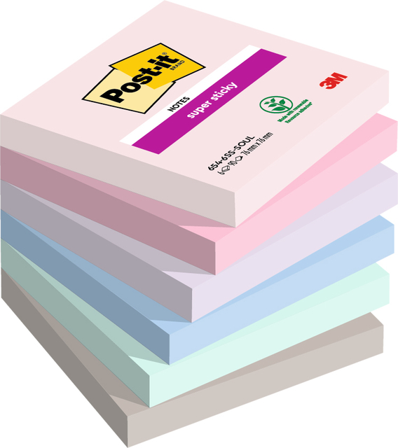 Memoblok Post-it 654 Super Sticky 76x76mm Soulful 6 stuks