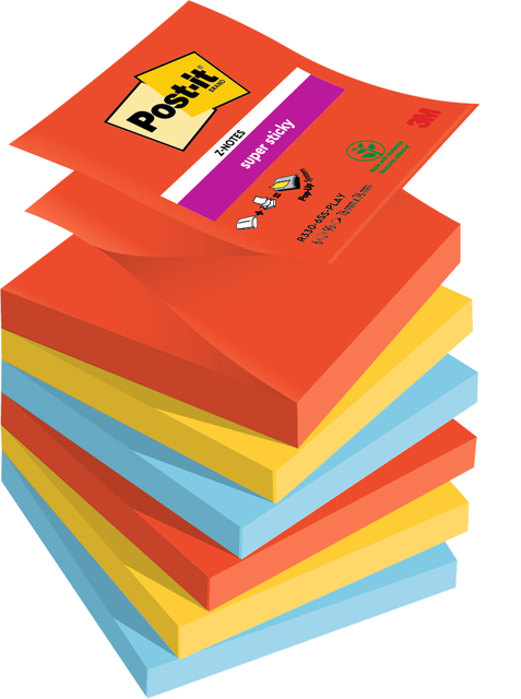 Memoblok Post-it Z-Notes R330 Super Sticky 76x76mm Playful 6 stuks