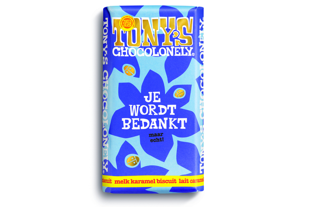 Chocolade Tony's Chocolonely je wordt bedankt reep melk karamel biscuit 180gr