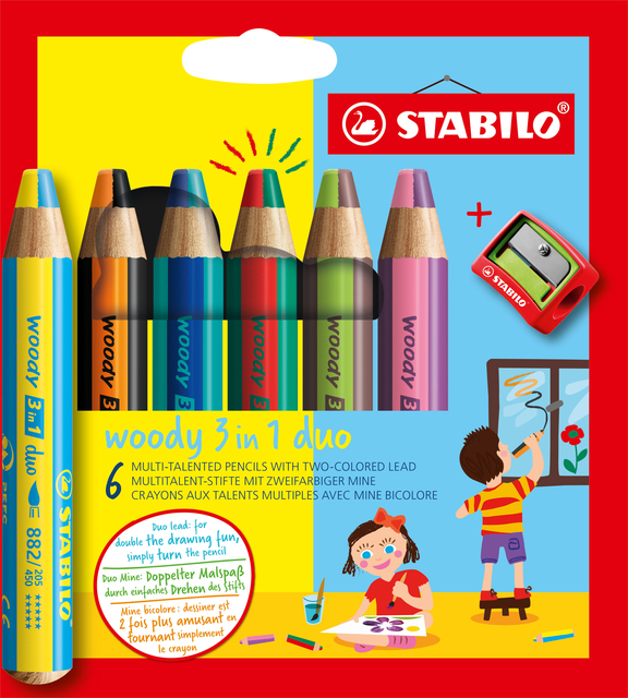 Kleurpotloden STABILO 882 woody 3 in 1 duo puntenslijper ass 6st