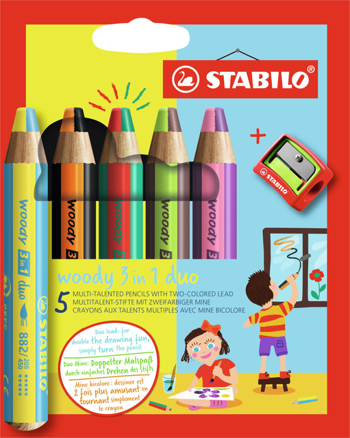 Kleurpotloden STABILO 882 woody 3 in 1 duo puntenslijper assorti 5st