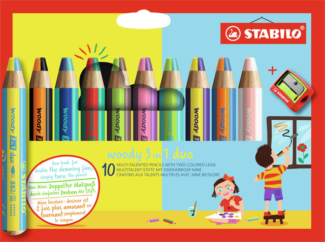 Crayon STABILO 882 Woody 3-en-1 Duo étui 10 pièces + taille-crayon