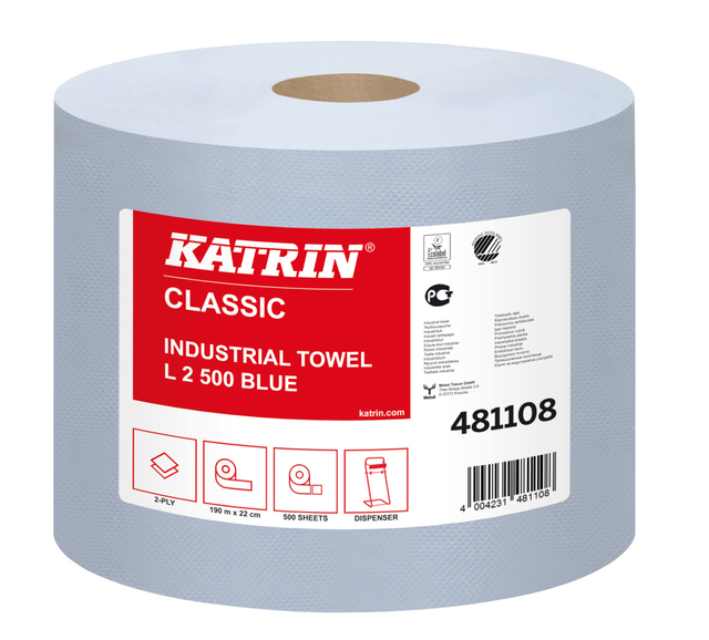 Papier d'essuyage Katrin Industrial 481108 grand 2 épaisseurs 500 feuilles bleu