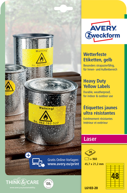 Etiquette Avery L6103-20 45,7x21,2mm jaune 960 pièces