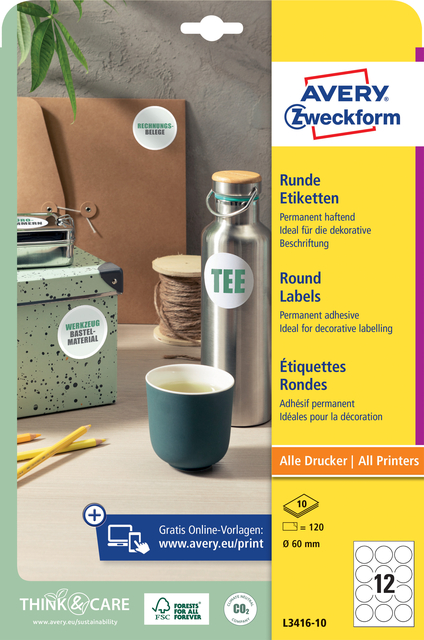 Etiket Avery L3416-10 rond 60mm wit 120 stuks