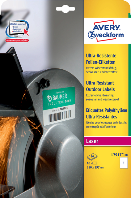 Etiket Avery Zweckform L7917-10 210x297mm polyethyleen wit 10stuks