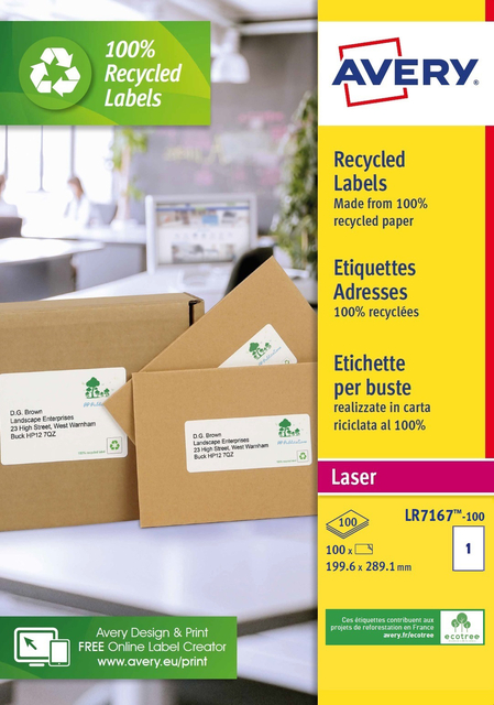 Etiquette Avery LR7167-100 199,6x289,1mm recyclé blanc 100 pièces