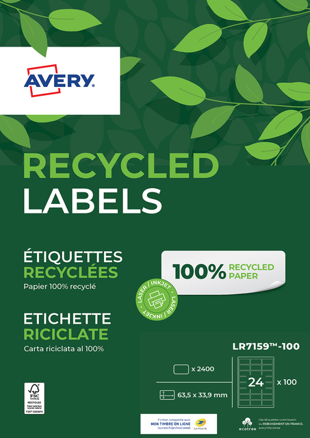 Etiket Avery LR7159-100 63.5x33.9mm recycled wit 2400 etiketten