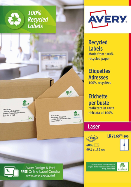 Etiquette Avery LR-7169-100 99,1x139mm recyclé blanc 400 pièces