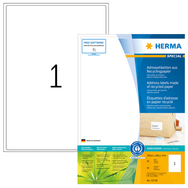 Etiket HERMA recycling 10736 199.6x289.1mm  80stuks wit