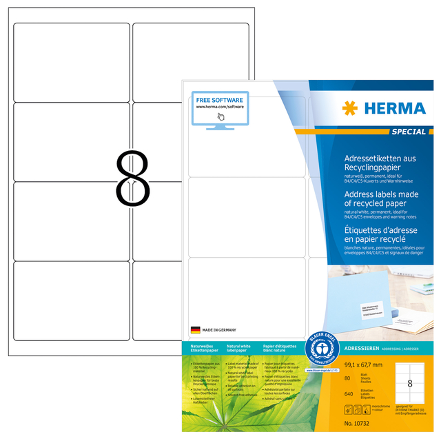 Etiquette HERMA Recycling 10732 99,1x67,7mm blanc 640 pièces