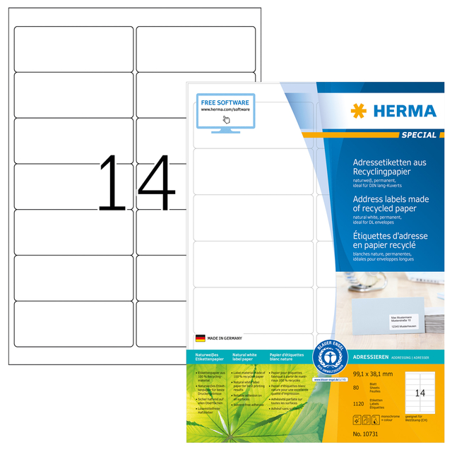 Etiquette HERMA Recycling 10731 99,1x38,1mm blanc 1120 pièces