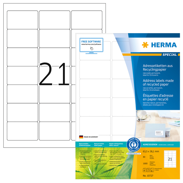 Etiquette HERMA Recycling 10727 63,5x38,1mm blanc 1680 pièces