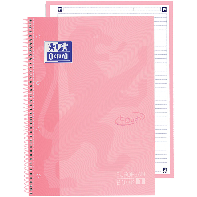 Cahier de notes Oxford Touch Europeanbook A4+ 4 perforations ligné 80fls pastel rose