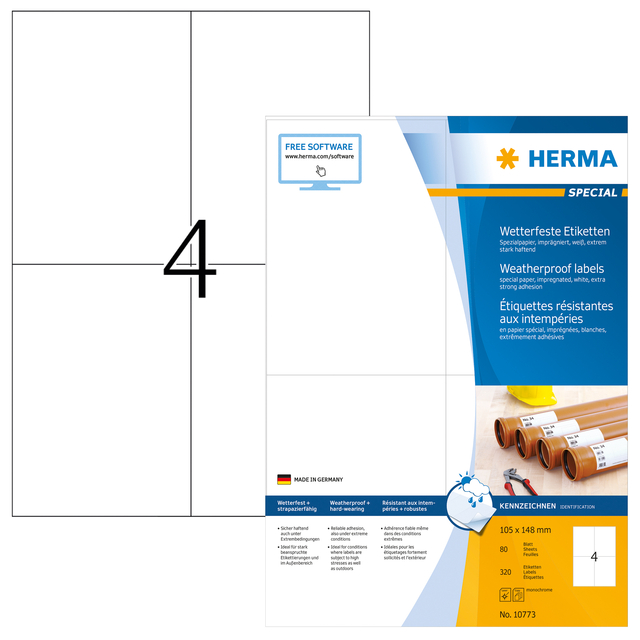 Etiquette HERMA 10773 résiste aux intempéries 105x148mm blanc 320 pièces